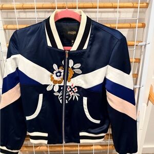 Maje Navy Satin Floral Embroidered Colorblock Bomber Jacket